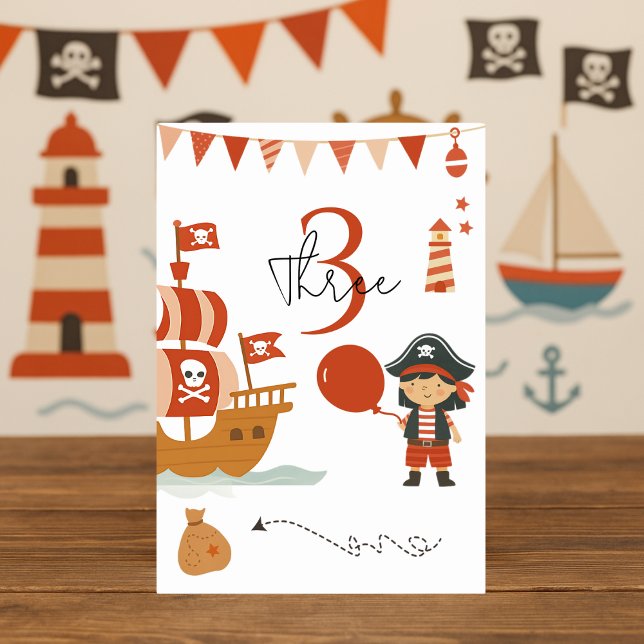 Numeração De Mesa Pirate Birthday | Navio Vermelho e Capitão (Criador carregado)