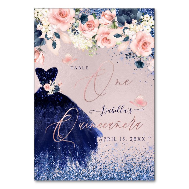 Numeração De Mesa PixDezines Quinceanera Blush Marinho Glitter Glite (Frente)