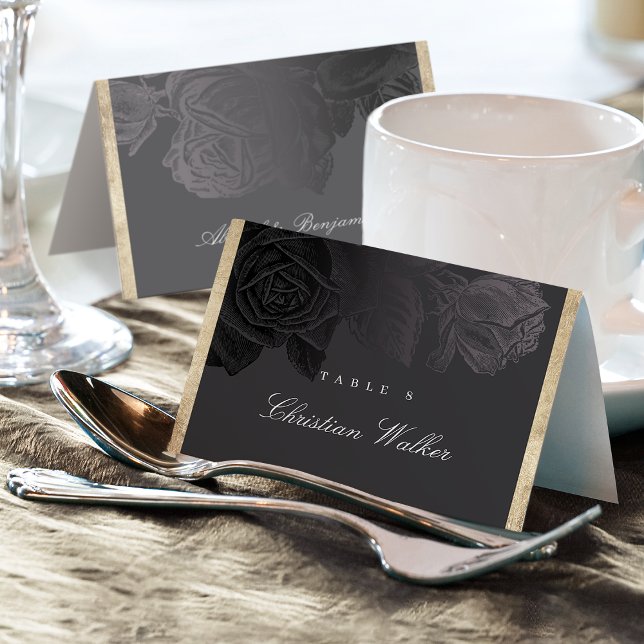 Numeração De Mesa Placa botânica de substituição de ouro preto-e-lux (Luxe rose black gold vintage botanical Place Card)