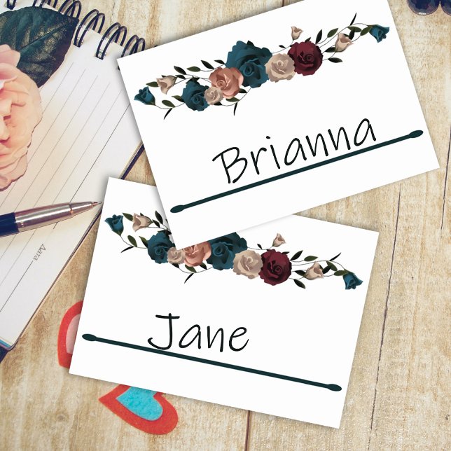 Numeração De Mesa Placa de Colocação de Chá, Borgonha, Rosas Beige (Name place settings, wedding reception name tags, burgundy teal green roses, name cards)