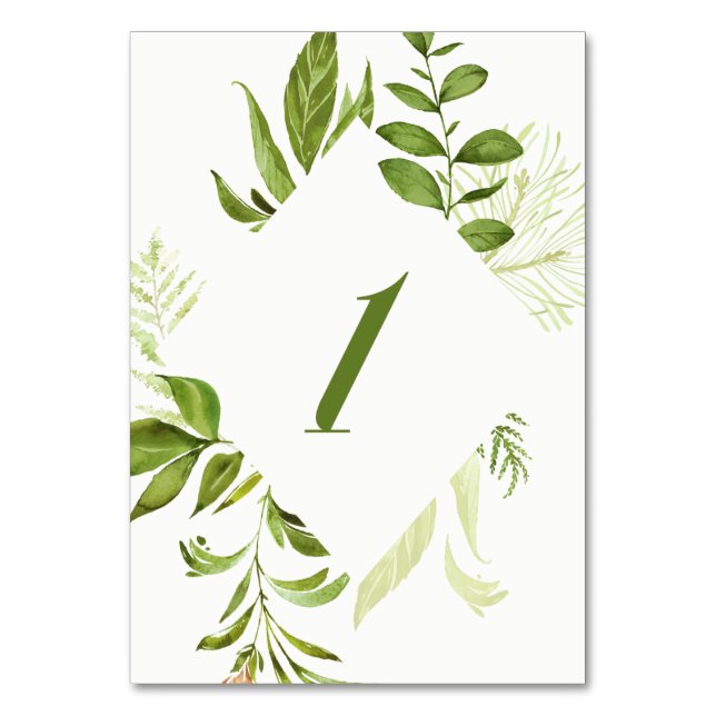 Numeração De Mesa Placa de Folhagem Verde Selvagem de Cores Aquática (Frente)