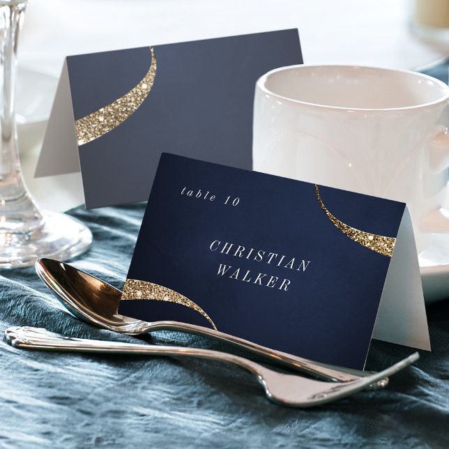 Numeração De Mesa Placa de lugar dobrável dourada do marinho moderno (Modern navy gold glitter Foldable Place Card)