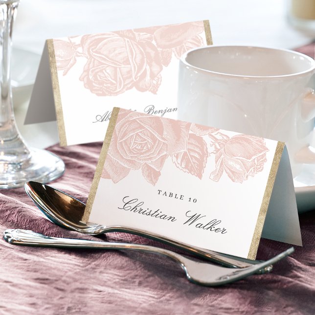 Numeração De Mesa Placa de lugar dobrável para rosa de luxo pincelad (Luxe rose blush gold vintage Foldable Place Card)