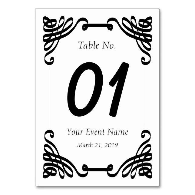 Numeração De Mesa Placa de Mesa de Caligrafia Preta e Branca (Frente)
