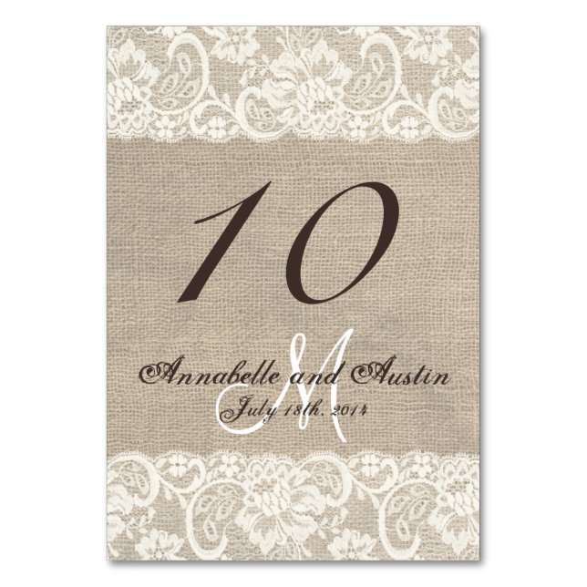 Numeração De Mesa Placa de Mesa de Casamento Rústico Burlap (Verso)