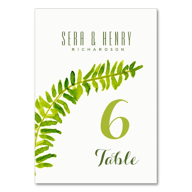 NUMERAÇÃO DE MESA PLACA DE MESA DE FOLIAGEM FERNA DE COR-ÁGUA VERDE (Frente)
