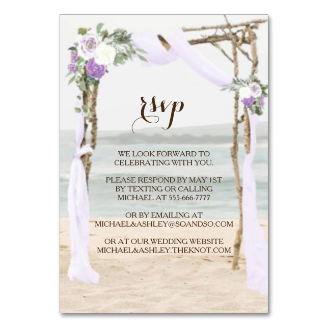 Numeração De Mesa Placa RSVP de Casamento de Lavanda de Praia sem En (Frente)