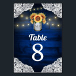 Numeração De Mesa Placas Números De Mesa De Casamento De Sunflower M<br><div class="desc">Cartões de Número de Tabela de Casamento de Sunflower Mason Jar - apresentam um marinho real ou madeira de celeiro azul aparada com rendas e decorada com luzes cintilantes de cordas quentes. O design também apresenta um buquê de girassóis dentro a mason jar que você pode personalizar as iniciais para...</div>