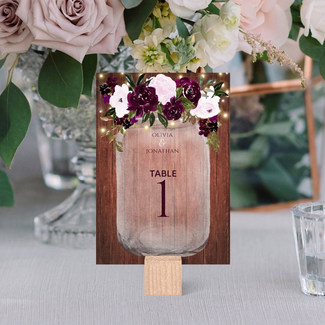 Numeração De Mesa Plum Floral Rustic Wood Mason Jar Weding (Criador carregado)