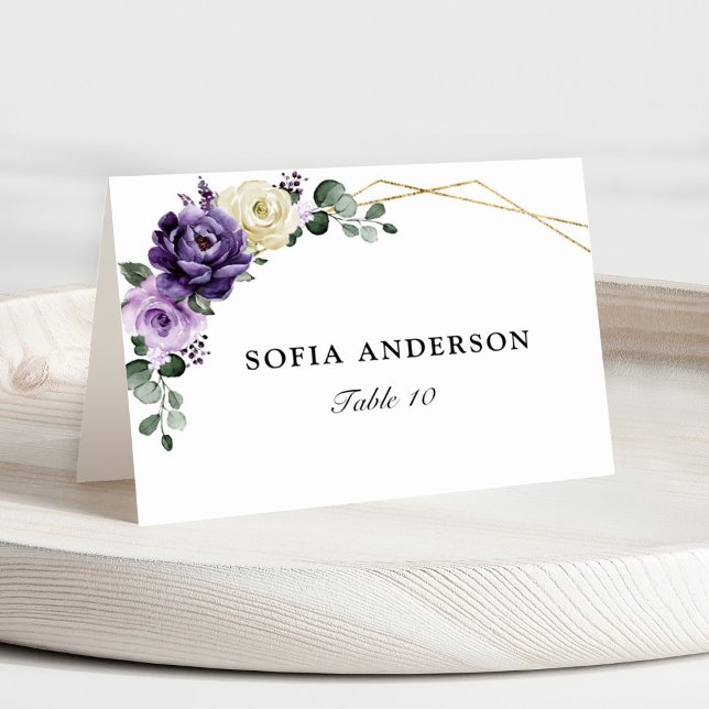 Numeração De Mesa Plum Roxo Nome do Convidado Dourado (Purple floral geometric place card)