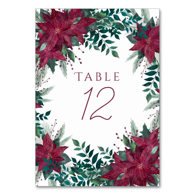 Numeração De Mesa Poinsettia Burgundy e Teal Winter Floral Frame (Frente)