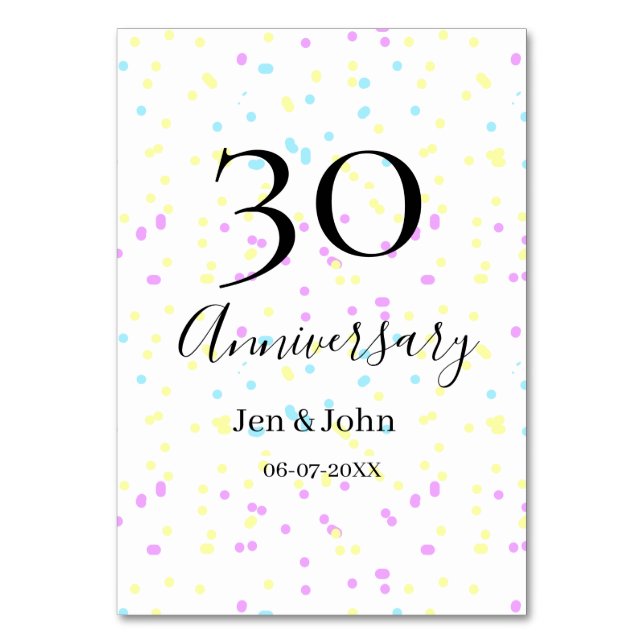 Numeração De Mesa Pontos azuis rosa amarelos 30º nome do aniversário (Frente)