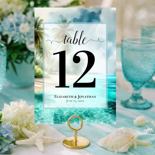 Numeração De Mesa Praia Tropical com Árvores Elegantes de Casamento (Each Number must be customized individually)
