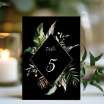 Numeração De Mesa Preto de Casamento de Folhagem Tropical<br><div class="desc">Esta placa de número da mesa de casamento apresenta folhas de palmeiras de aquarela,  folhas de bananeira,  folhas tropicais exóticas e folhas de ouro falso com estrutura falsa em forma de diamante de ouro. É perfeito para um casamento tropical,  praia,  verão ou destino.</div>
