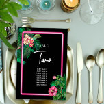 Numeração De Mesa Programa de Casamento Tropical Neon Pink<br><div class="desc">Uma moderna, mas retrorada, botânica tropical rosa-néon em fundo negro. Um belo design de casamento ideal para o verão. Design de plantas tropicais, cor-de-rosa, néon perfeito, com palmeiras, flores de Hibiscus cor-de-rosa e flores de Plumerias Frangipanis. As cores pretas, cor-de-rosa e verde dominam este design de neon rosa tropical. A...</div>