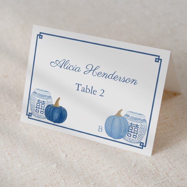 Numeração De Mesa Pumpkins Chinoiserie Blue White Place Card (Individual place card design featuring blue pumpkins, ginger jars and navy blue and white Greek Key)