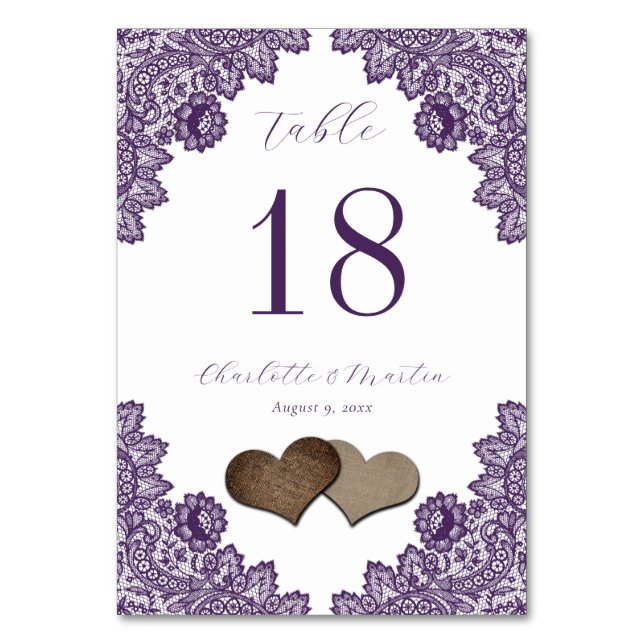 Numeração De Mesa Purple Floral Lace Burlap Hearts Rustic (Frente)