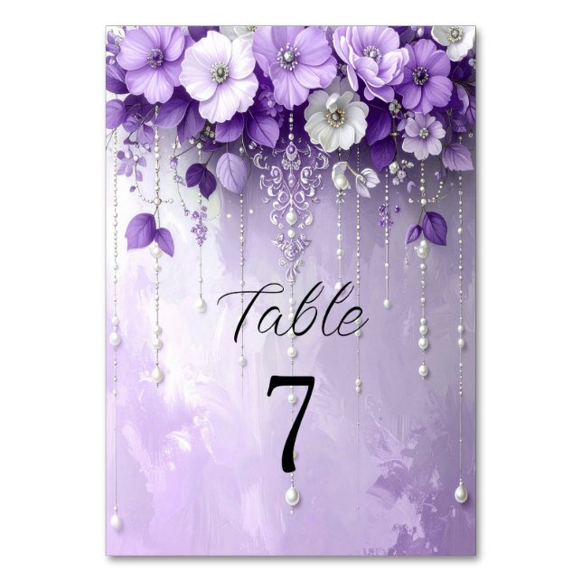 Numeração De Mesa Purple Flowers with Dangling Pearls Table Number (Frente)