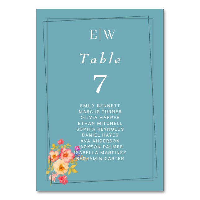 Numeração De Mesa Quadro com Rosas, estilo de casamento em azul retr (Frente)