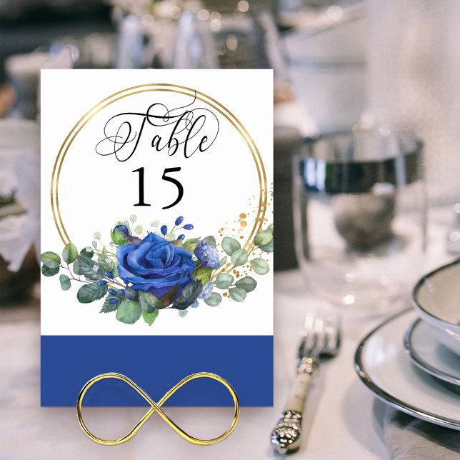 Numeração De Mesa Quadro Dourado de Rosa azul e Eucalyptus (Elegant Table Number set in a gold frame with blue rose floral arrangement )
