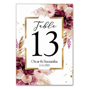 Numeração De Mesa Quadro Floral e Dourado Cor-de-Rosa Brilhante Mode