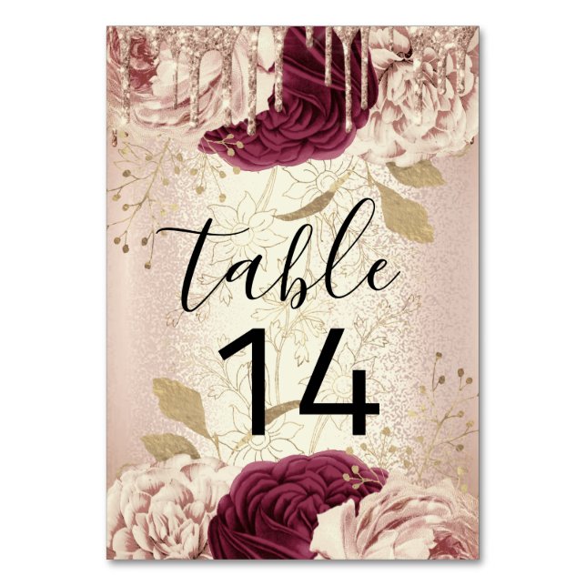 Numeração De Mesa Quadro Número 14 Unidades Rosa Floral Marsala Burg (Frente)