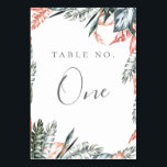 Numeração De Mesa Quadro Trópico de Coral Moderno<br><div class="desc">Design de tipografia moderna e elegante, placa de número de tabela. O cartão apresenta uma elegante estrutura aquosa de folhas tropicais em tons de coral rosa, verde-selva e prata. Coordenando tons de cinza prateada. Ao encomendar cartões de número de tabela, cada cartão deve ser numerado e encomendado individualmente. Concebido para...</div>
