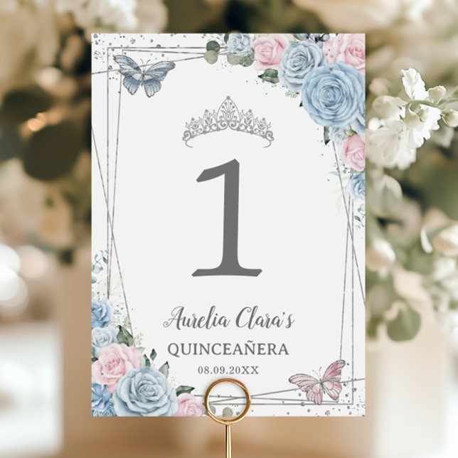Numeração De Mesa Quinceañera Birthday Baby Blue Soft Pink Floral (Criador carregado)