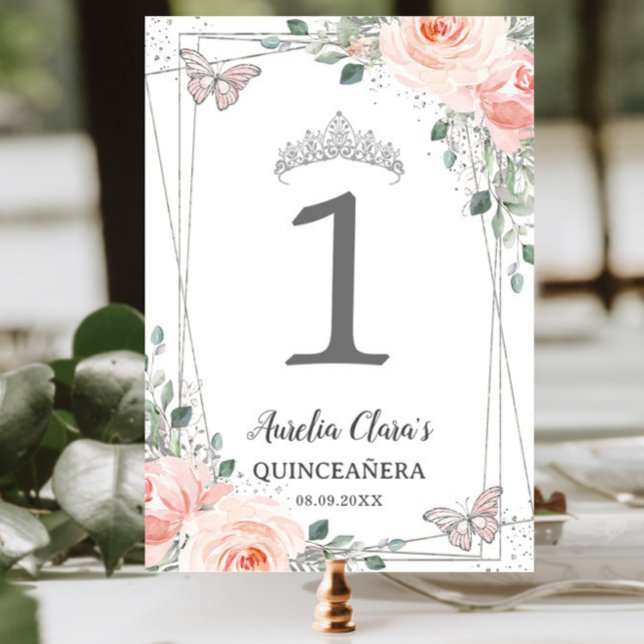 Numeração De Mesa Quinceañera Birthday Blush Floral Borboletas Rosa (Criador carregado)
