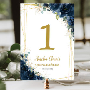 Numeração De Mesa Quinceañera Birthday Marinho Azul Floral Dourado
