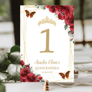 Numeração De Mesa Quinceañera Birthday Red Floral Borboletas Dourada