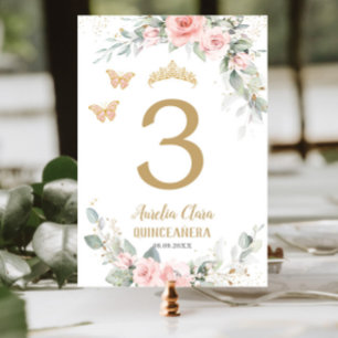 Numeração De Mesa Quinceañera Blush Borboletas Douradas Florais Rosa