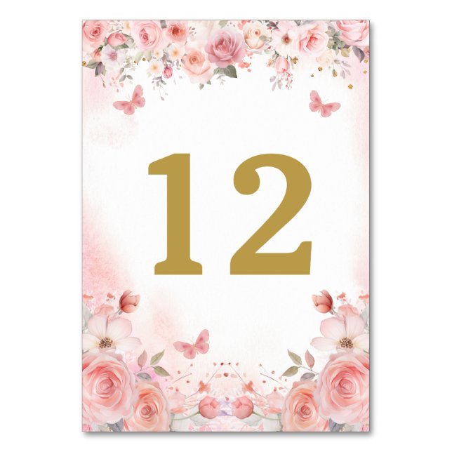 Numeração De Mesa Quinceañera Blush Rosa Rosa Floral Borboleta (Frente)