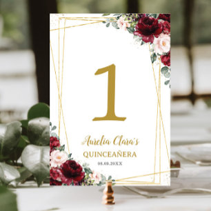 Numeração De Mesa Quinceañera Burgundy Blush Borboletas Douradas