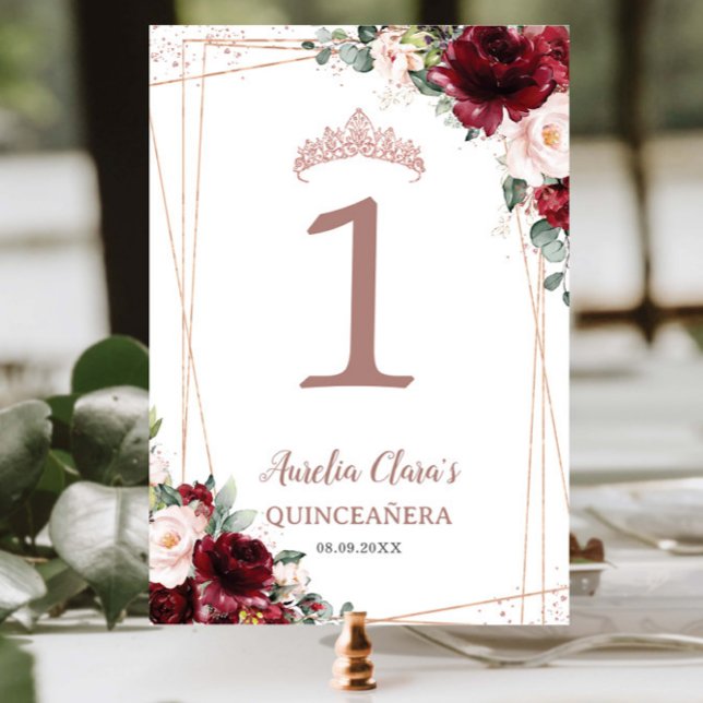 Numeração De Mesa Quinceañera Burgundy Blush Rosa Floral Dourada (Criador carregado)