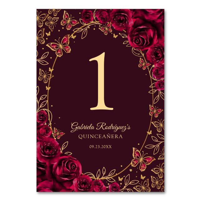 Numeração De Mesa Quinceanera Dourado Borgonha (Frente)