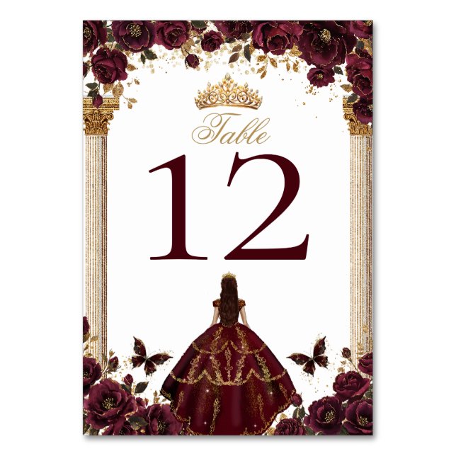 Numeração De Mesa Quinceañera Emerald Gold Burgundy Roses Princess (Frente)