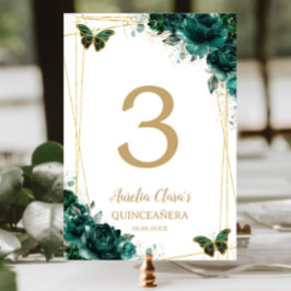 Numeração De Mesa Quinceañera Emerald Green Borboletas Douradas