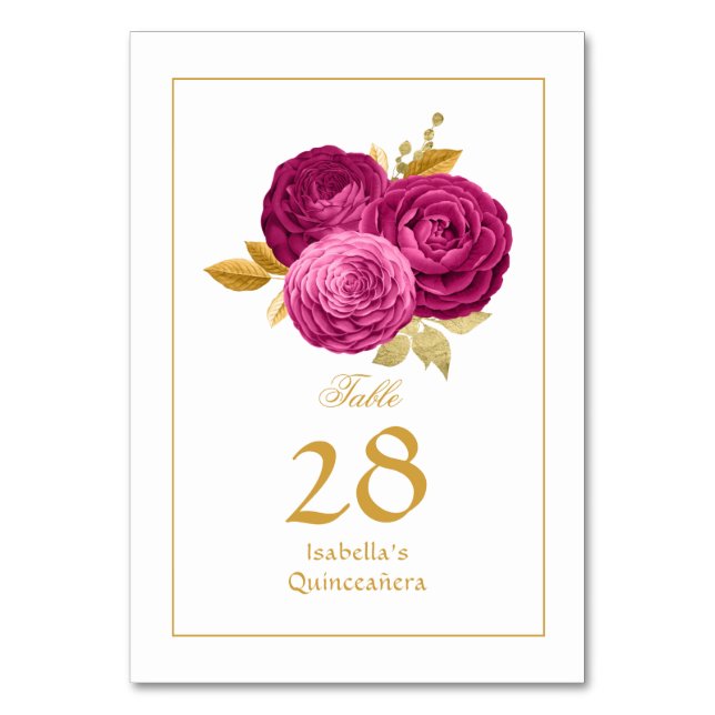 Numeração De Mesa Quinceañera Floral Dourada e Rosa Quente (Frente)