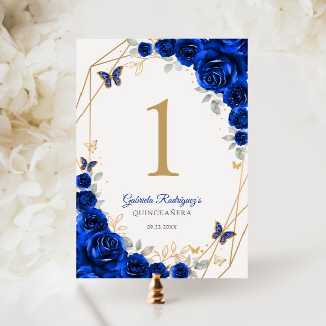 Numeração De Mesa Quinceanera Floral Dourada Real Azul (Criador carregado)