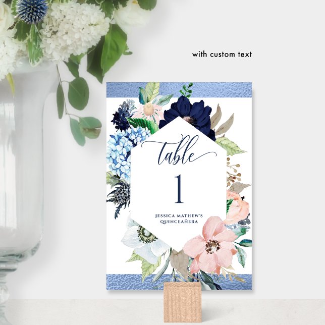Numeração De Mesa Quinceañera Floral Elegante Azul e Rosa (Criador carregado)