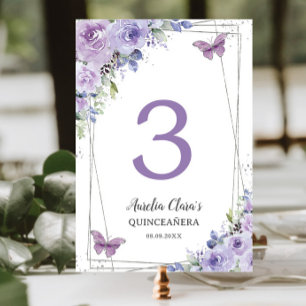 Numeração De Mesa Quinceañera Purple Lilac Floral Borboletas