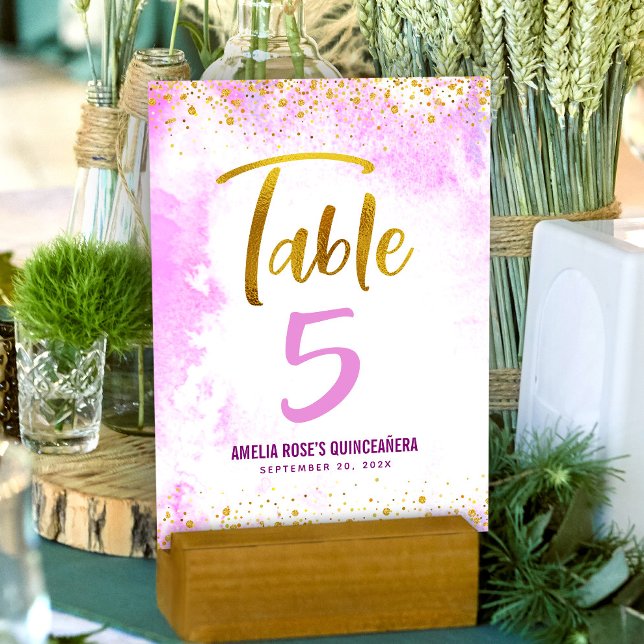 Numeração De Mesa Quinceañera Rosa Aquarela Dourado Script Brilho (Criador carregado)