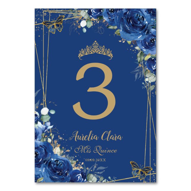 Numeração De Mesa Quinceañera Royal Blue Borboletas Douradas (Verso)