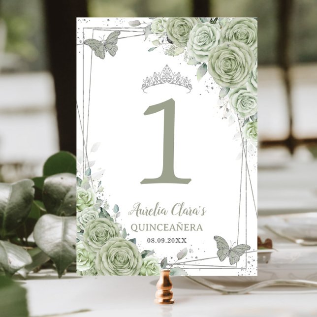 Numeração De Mesa Quinceañera Sage Verdes Borboletas Florais (Criador carregado)