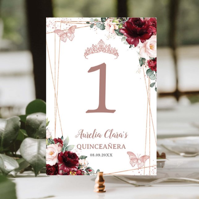 Numeração De Mesa Quinceañera XV 16 Burgundy Blush Rosa Floral Doura (Criador carregado)