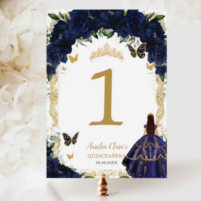 Numeração De Mesa Quinceañera XV Navy Blue Floral Gold Girl Dress  (Criador carregado)