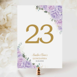 Numeração De Mesa Quinceanera XV Purple Lilac Roses Floral Gold
