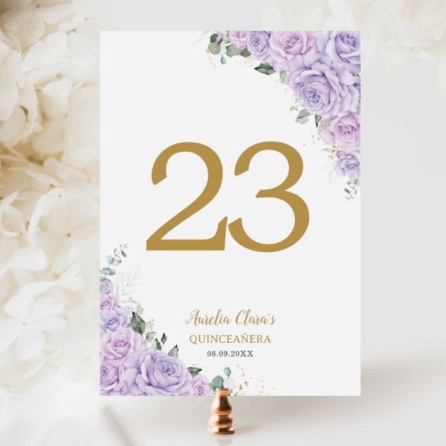 Numeração De Mesa Quinceanera XV Purple Lilac Roses Floral Gold (Criador carregado)