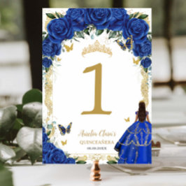Numeração De Mesa Quinceañera XV Real Dourada Floral Azul Vestida